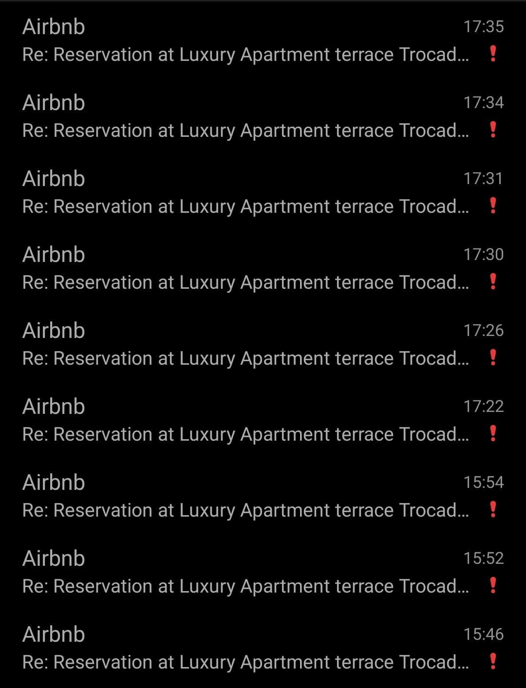 Ten emails from Airbnb over a two-hour period, all marked as High Importance