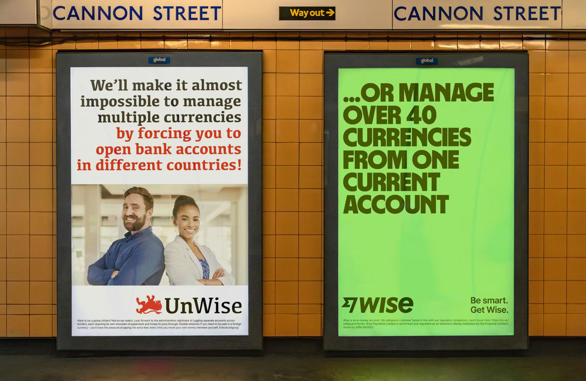 A parody poster for UnWise bank, next to one promoting Wise